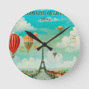 PixDezines Vintage Ballons/Eiffel/Paris Runde Wanduhr