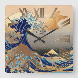 PixDezines Vintage Great Wave Hokusai 葛飾北斎の神奈川沖浪 Quadratische Wanduhr