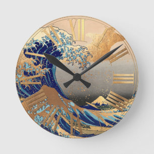PixDezines Vintage Great Wave Hokusai 葛飾北斎の神奈川沖浪 Runde Wanduhr