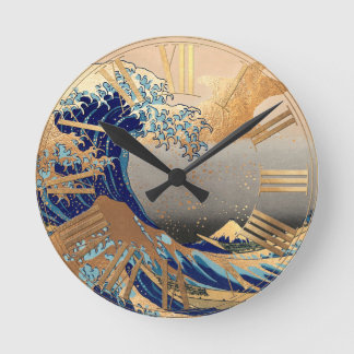 PixDezines Vintage Great Wave Hokusai 葛飾北斎の神奈川沖浪 Runde Wanduhr