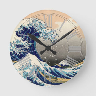 PixDezines Vintage, Große Welle, Hokusai 葛飾北斎の神奈川沖 Runde Wanduhr