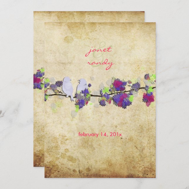 PixDezines Vintage Liebesvögel/Lilie Einladung (Vorne/Hinten)