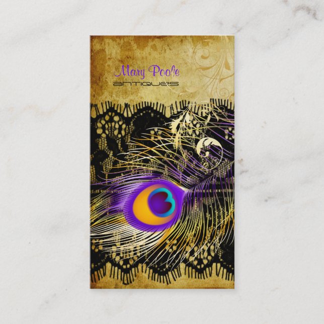 PixDezines Vintage Pfau+Spitzen/Schriftart Visitenkarte (Vorderseite)