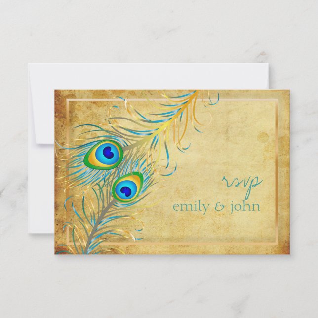 PixDezines Vintager aquamariner Pfau RSVP Karte (Vorderseite)