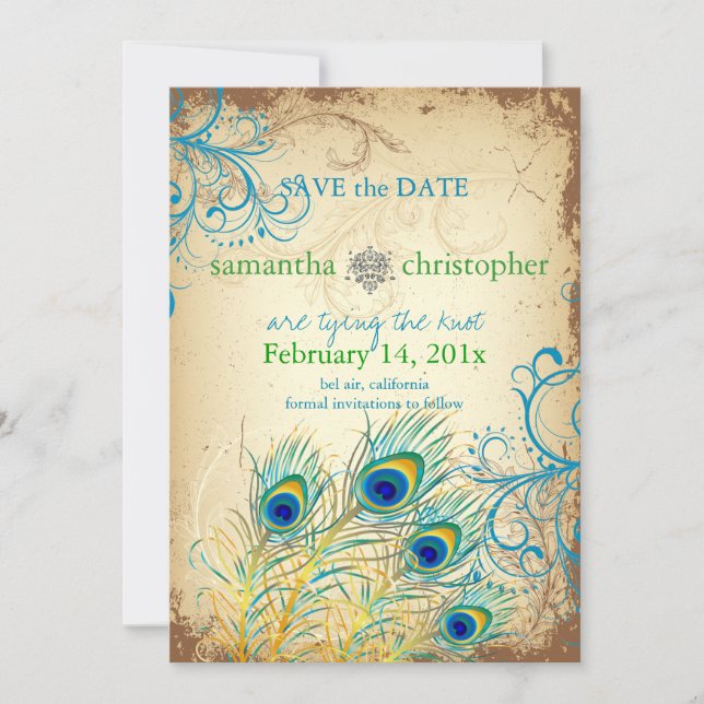 PixDezines Vintager aquamariner Pfau Save The Date (Vorderseite)
