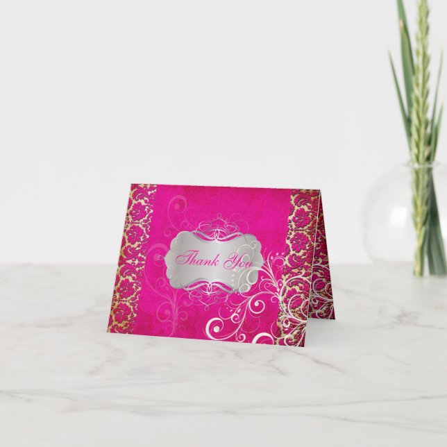 PixDezines Vintager Grunge Damask / Hot Pink Dankeskarte (Vorderseite)