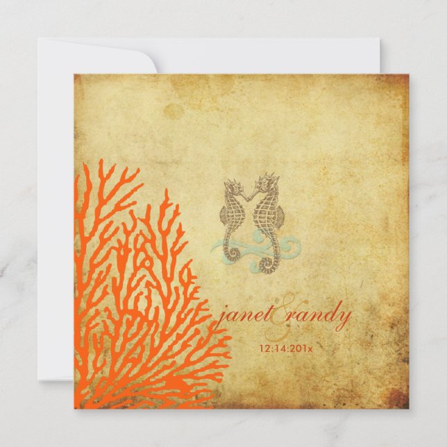 PixDezines Vintages Seepferd+Korallen Einladung (Vorderseite)