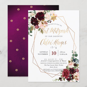PixDezines Wasserfarbe Blume Mitzvah, Burgund Einladung