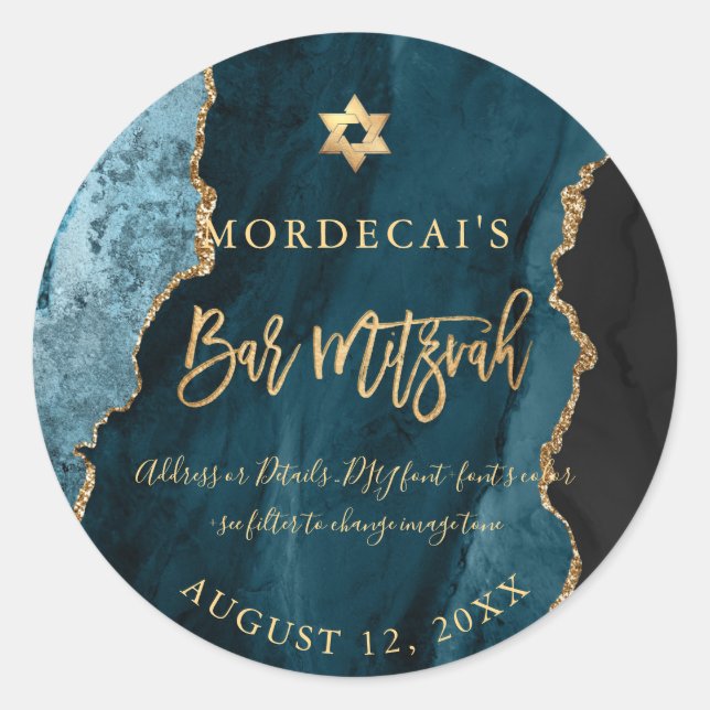 PixDezines Watercolor Aquamarin Agate Bar Mitzvah Runder Aufkleber (Vorderseite)