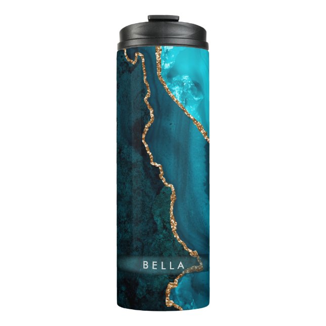 PixDezines WATERCOLOR AQUAMARIN AGATE IMITATS GOLD Thermosbecher (Vorderseite)