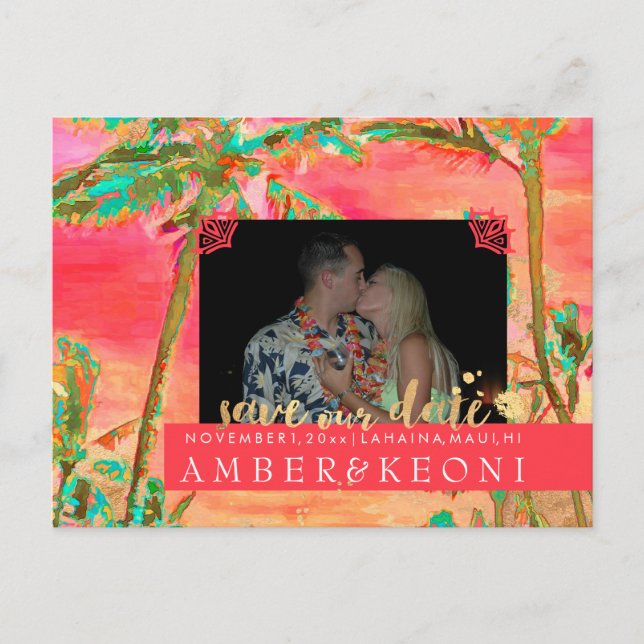 PixDezines Watercolor Beach Rett Date Foto Ankündigungspostkarte (Vorderseite)