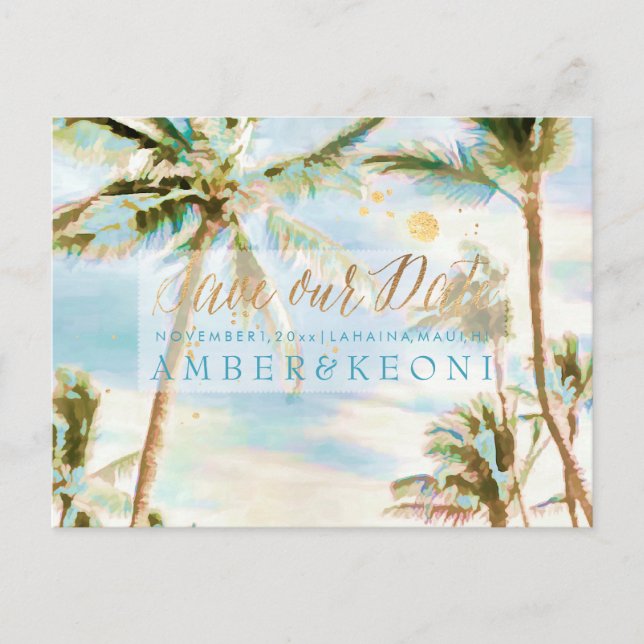 PixDezines Watercolor Beach Rett Date Foto Ankündigungspostkarte (Vorderseite)