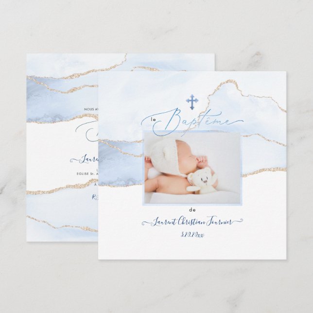 PixDezines Watercolor Bleue Agate, Baptême garçon Einladung (Vorne/Hinten)