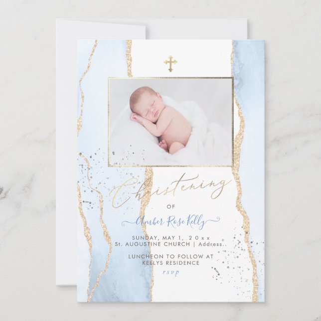 PixDezines Watercolor Blue Agate Christening Einladung (Vorderseite)