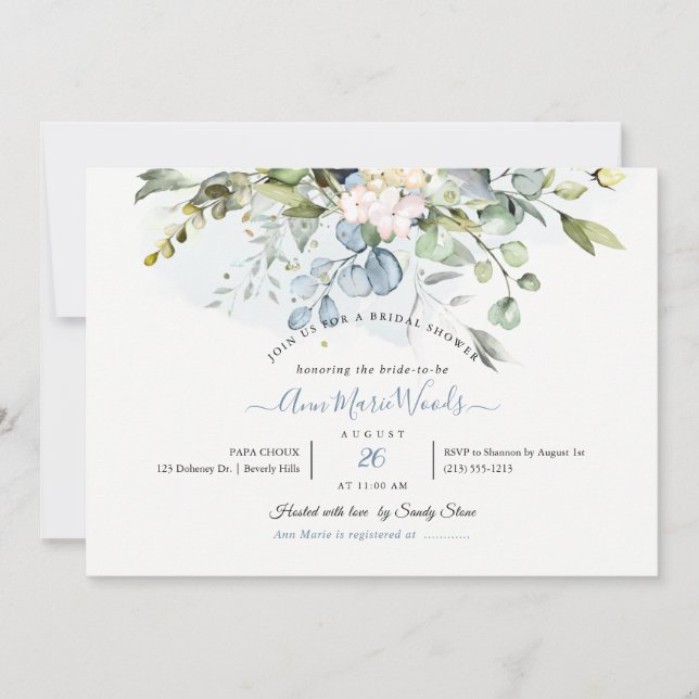 PixDezines Watercolor Blue Gum Eucalyptus Bridal Einladung (Vorderseite)