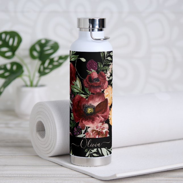 PixDezines Watercolor Blume Marsala Rote Rosen Trinkflasche (Yoga)
