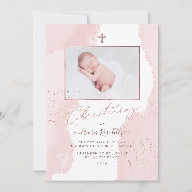 PixDezines Watercolor Blush Pink Christening Einladung (Vorderseite)