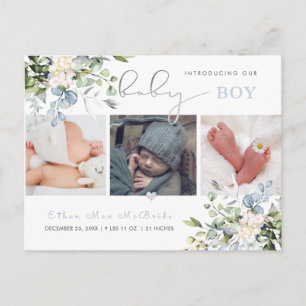PixDezines Watercolor Dusty Blue Eucalyptus Birth Postkarte