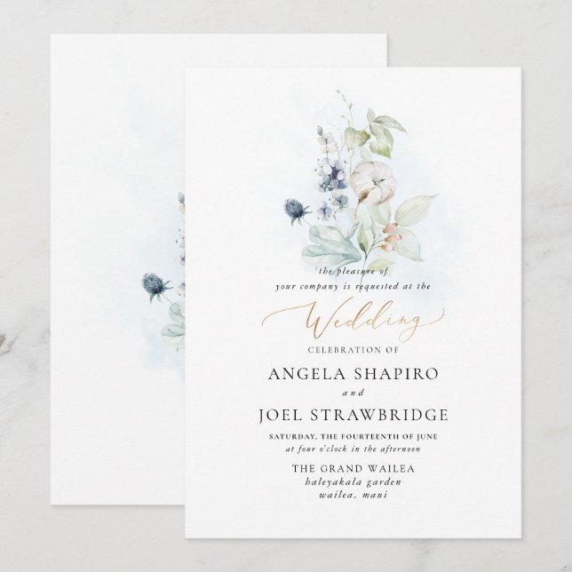 PixDezines Watercolor Dusty Blue Winter Cotton Einladung (Vorne/Hinten)