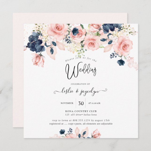 PixDezines Watercolor Dusty Rose Navy Blue Wedding Einladung (Vorne/Hinten)