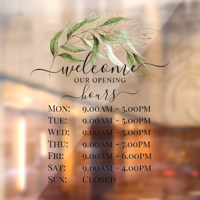 PixDezines Watercolor Eucalyptus Sprig Store Hours Fensteraufkleber (Blatt 2)