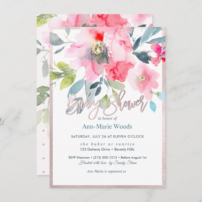 PixDezines Watercolor Garden Rose Kinderdusche Einladung (Vorne/Hinten)