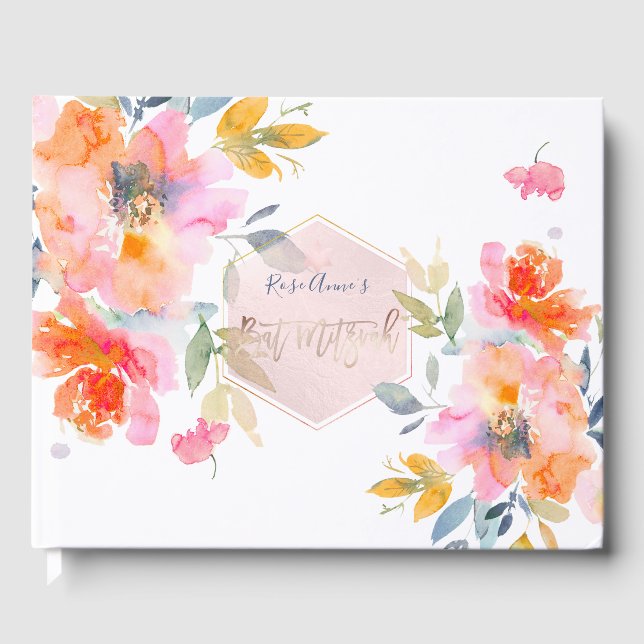 PixDezines Watercolor Orange Rose Bat Mitzvah Gästebuch (Vorderseite)