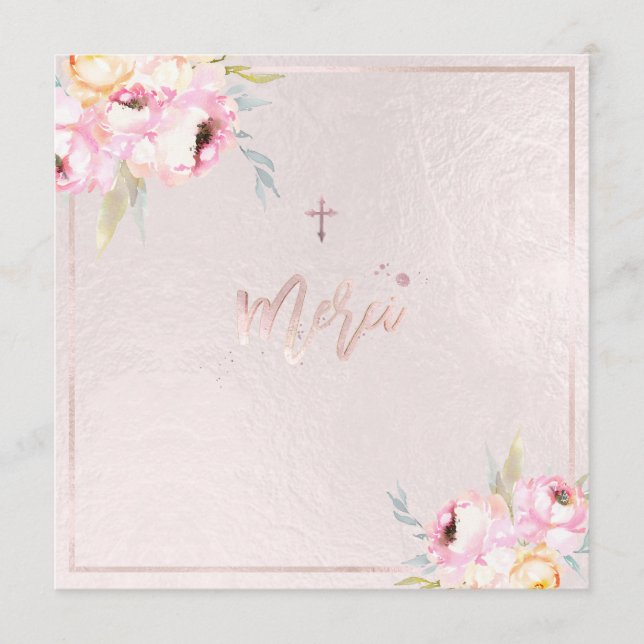PixDezines Watercolor Peonies Baptême Merci Menükarte (Vorderseite)