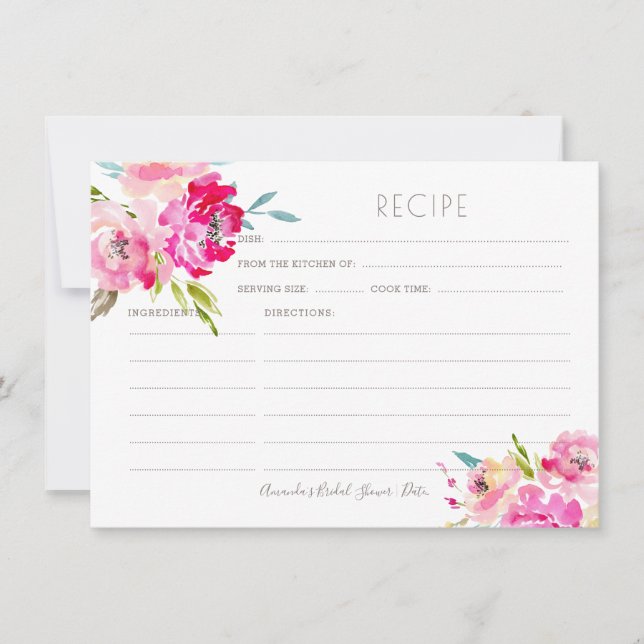 PixDezines Watercolor Peonies Rezept Karte (Vorderseite)
