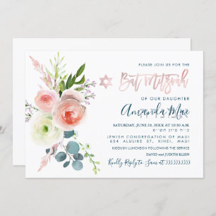 PixDezines Watercolor Pink Peonies Bat Mitzvah Einladung