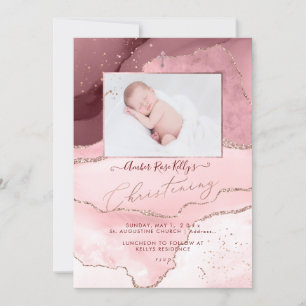 PixDezines Watercolor Rose Gold Agate Christening Einladung