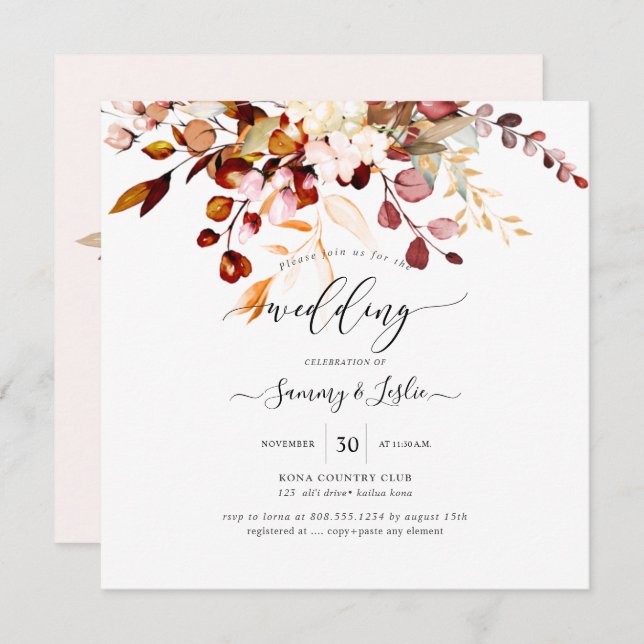 PixDezines Watercolor Rust Orange Gum Eukalyptus Einladung (Vorne/Hinten)