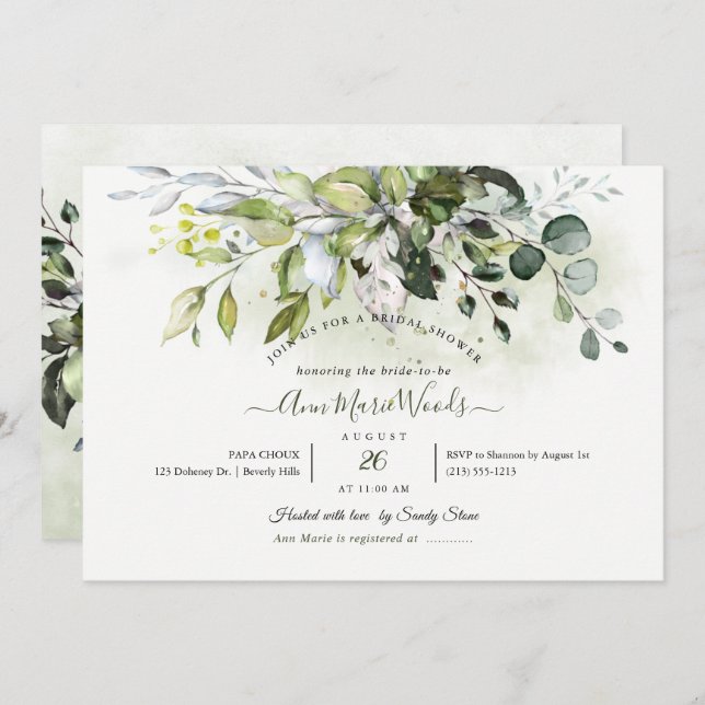 PixDezines Watercolor Rustic Eukalyptus Bridal Einladung (Vorne/Hinten)