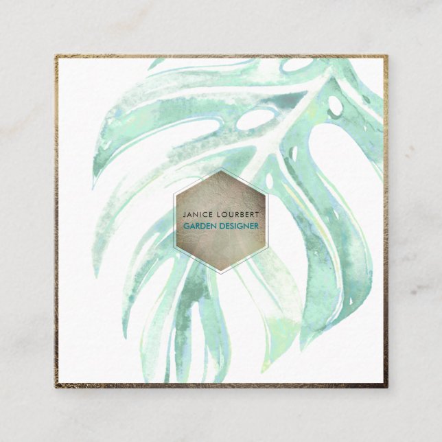 PixDezines WATERCOLOR SEAFOAM MONSTERA, GREENERY Quadratische Visitenkarte (Vorderseite)