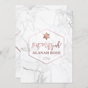 PixDezines Weißer Marmor Bat Mitzvah/Rose Gold Einladung