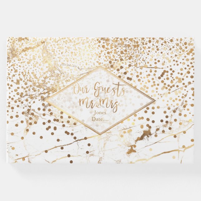 PixDezines WHITE MARBLE+IMITATS GOLD CONFETTI Gästebuch (Vorderseite)