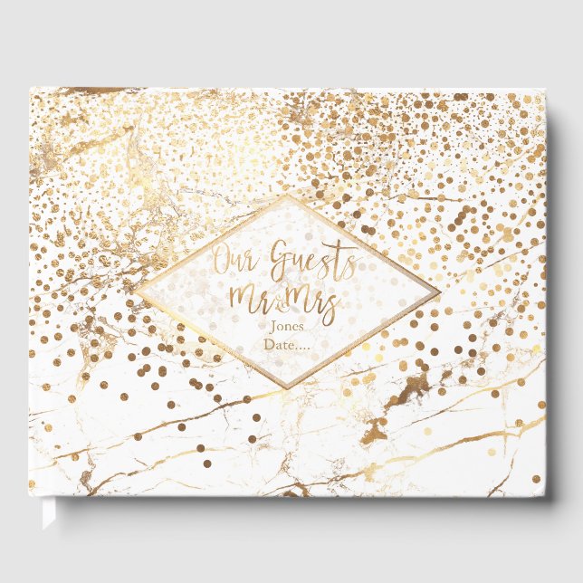 PixDezines WHITE MARBLE+IMITATS GOLD CONFETTI Gästebuch (Vorderseite)