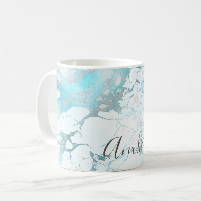 PixDezines WHITE MARBLE+IRIDESCENT TURQUOISE VEINS Kaffeetasse (Vorderseite Links)
