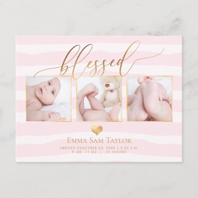 PixDezinesGesegnete Geburtsankündigung/Streifen Ankündigungspostkarte (Vorderseite)