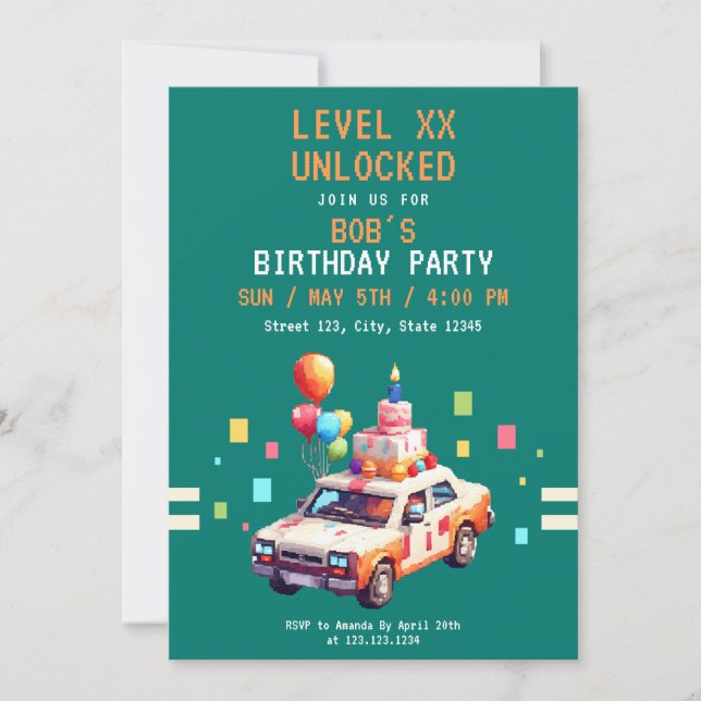 Pixel Aquamarin & Orange Car Gaming Geburtstag Einladung (Vorderseite)