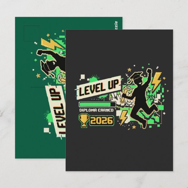 Pixel-Art-Abschluss 2026 Level Up Postkarte (Vorne/Hinten)