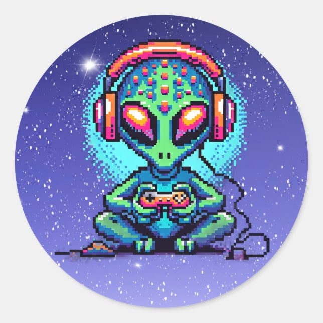 Pixel Art Alien bei Videospielen Runder Aufkleber (Vorderseite)