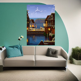 Pixel Art, amerikanische Stadt in Meeresnähe | Art Poster