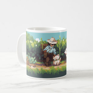 Pixel Art Bauer zeigt die Pflanze an Kaffeetasse