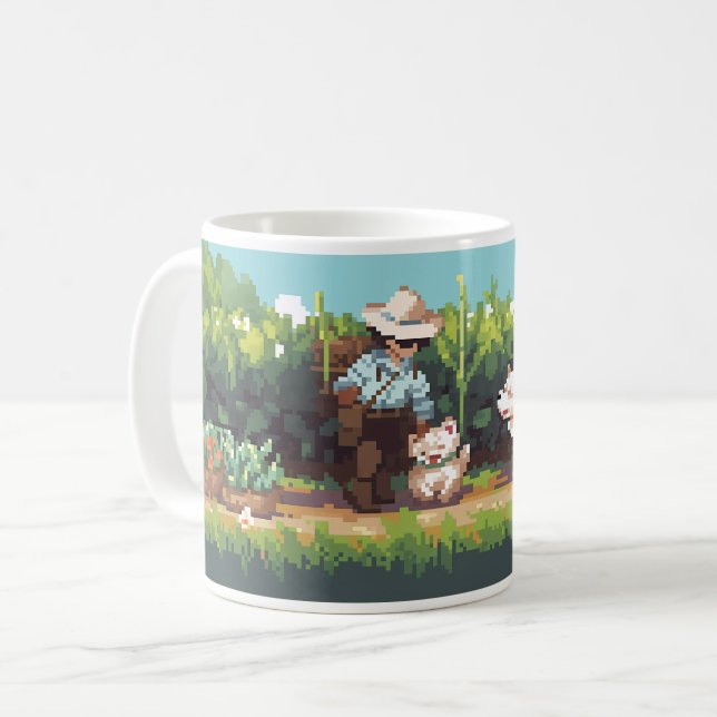 Pixel Art Bauer zeigt die Pflanze an Kaffeetasse (Vorderseite Links)
