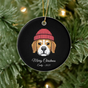 Pixel Art Beagle Hund Winterhut Keramik Ornament