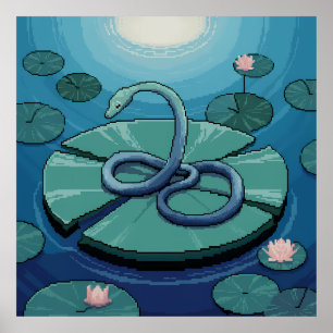 Pixel-Art Blaue Schlange auf Seerosenblatt Poster