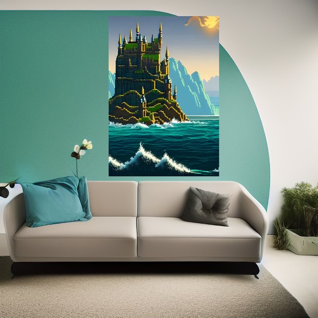 Pixel Art, Castle on rock in the sea | Art der AI Poster (Von Creator hochgeladen)