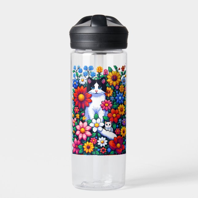 Pixel Art Cat, Kitten und Blume Personalisiert Trinkflasche (Vorderseite)