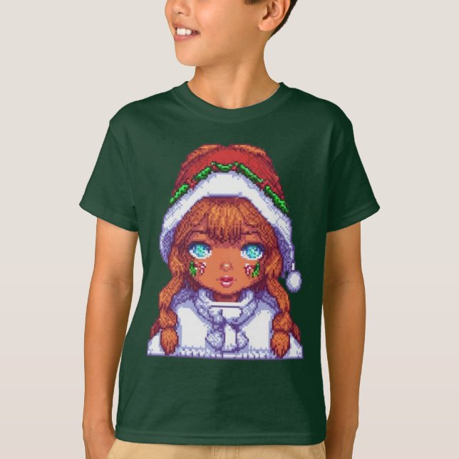 Pixel Art Girl mit Weihnachtsmannmütze T-Shirt (Vorderseite)